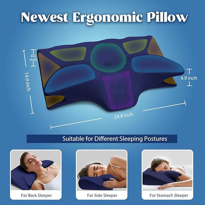 Cervical Pillow for Neck Pain Relief, Cooling Contour Memory Foam Pillows Support Odorless Ergonomic Neck Pillow Adjustable Orthopedic Bed Pillow for Side Back Stomach Sleeper with Pillowcase,Navy