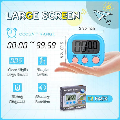 Mwellewm Digital Timers for Classroom Kitchen Timers for Cooking Small Magnetic Stopwatch Mini Countdown Loud Alarm Stop for Study Work Baking Sports Games Office(Pink, Blue, Green, Orange, 12Pcs)