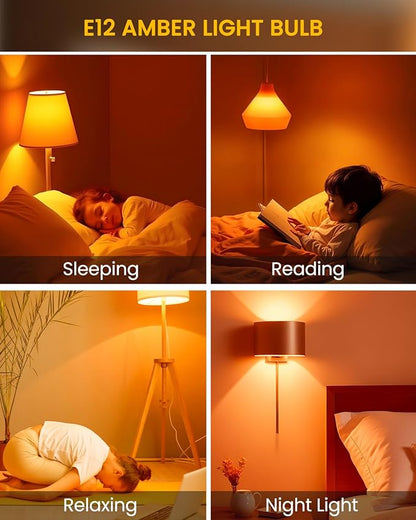 E12 Small Candelabra Base Amber Sleep Light Bulbs, 3W 1800K Soft Light Bulbs Warm Light for Bedroom,G45 300LM Dim Orange Bulbs,Blue Light Blocking,30-40W Equivalent,Non-Dimmable,4 Pack