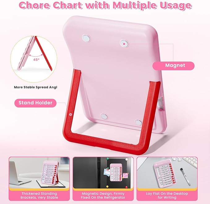 Chore Chart for Kids, Visual Schedule for Kids with Autism, Chart Board with 6 Reusable Sheets, Routine Chart Dry Erase Board, Magnetic Chore Chart for Fridge, Desk, Home - Pink