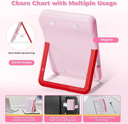 Chore Chart for Kids, Visual Schedule for Kids with Autism, Chart Board with 6 Reusable Sheets, Routine Chart Dry Erase Board, Magnetic Chore Chart for Fridge, Desk, Home - Pink