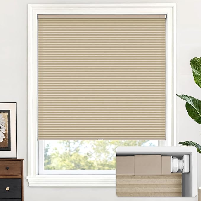 LazBlinds Cordless Cellular Shades, No Tools No Drill Light Filtering Honeycomb Shades Pleated Blinds for Windows, 45'' W x 48'' H, Taupe