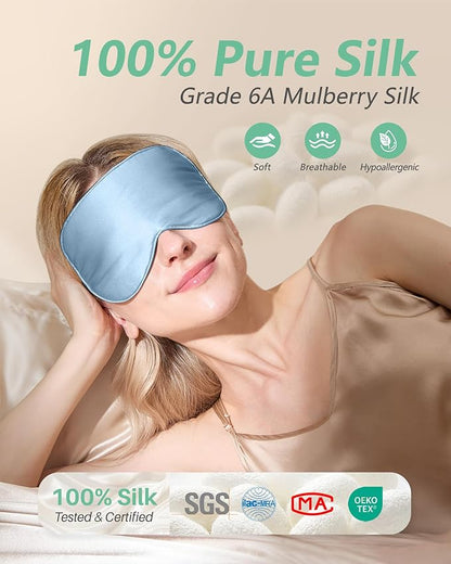 BeeVines 100% Real Mulberry Silk 2 Pack Sleep Mask, Pure Silk Eye Masks with Adjustable Strap for Sleeping, 100% Block Light Eye Shade Cover, Reduces Puffy Eyes Traveling Gifts(Black & Pastel Blue)