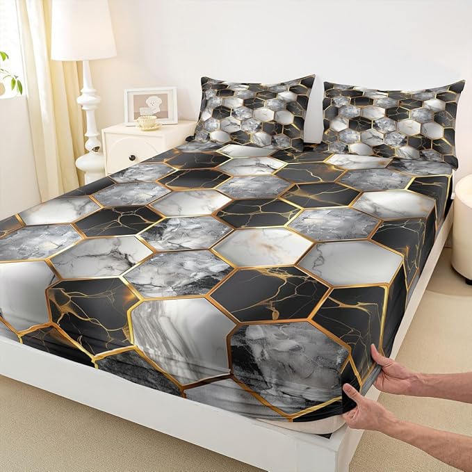 Marble Kids Full Size Fitted Sheet,Geometric Honeycomb Modern Boys Girls Bed Sheets,Abstract Hexagon Futuristic Room Decor,Black Gray Bedding Set,2 Pillowcases(No Flat)