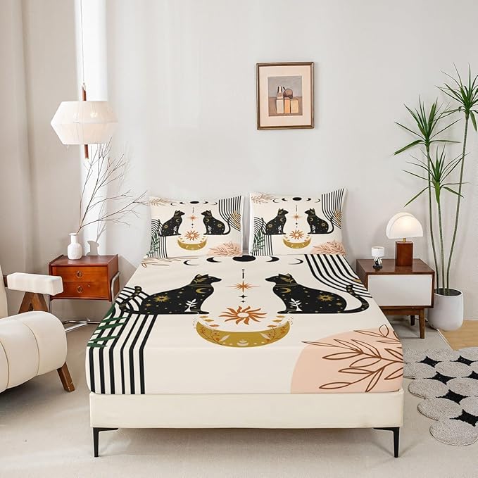 Cute Cat Silhouettes Sheet Twin,Sun Moon Trippy Bedding Set for Kids Teens Adults,Floral Leaves Animal Creative Colorful Bed Sheet Set 3pcs with Deep Pocket Fitted Sheet + Flat Sheet + 1 Pillowcase