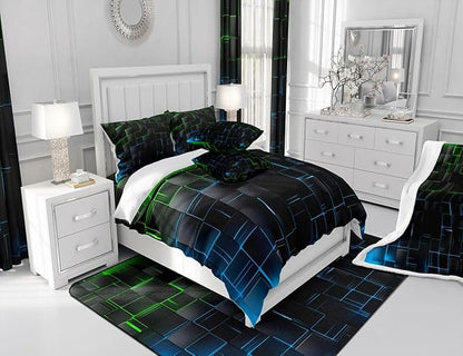 Manfei Green and Blue Sheet Set Full Size, Abstract Geometric Bedding Set for Kids Boy Girls Adults, Black Square Lattice Bed Sheet Set 4pcs with Deep Pocket Fitted Sheet + Flat Sheet + 2 Pillowcases