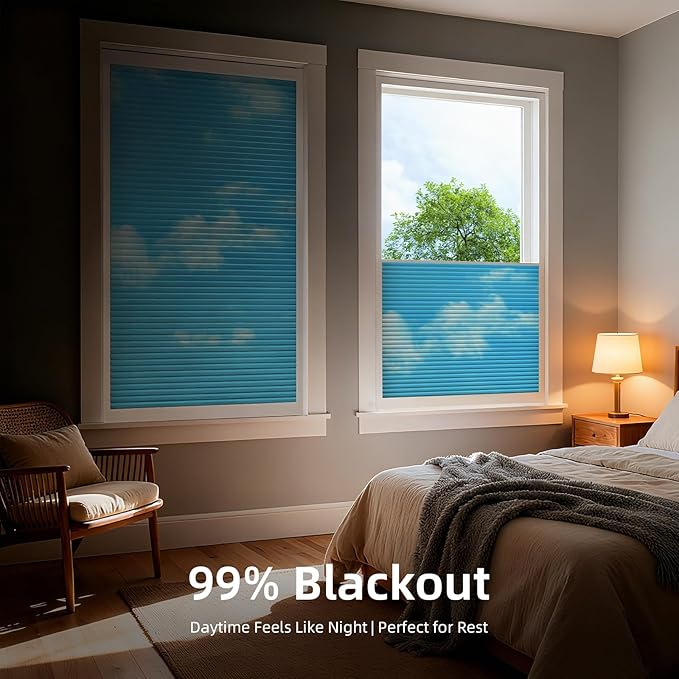 ZSTARR Motorized Skylight Shades Blackout Cellular Honeycomb Electric Blinds with Solar Panel Cordless Rechargeable with Remote for Roof and Slanted Windows Custom Size (Black Out Blue Sky)