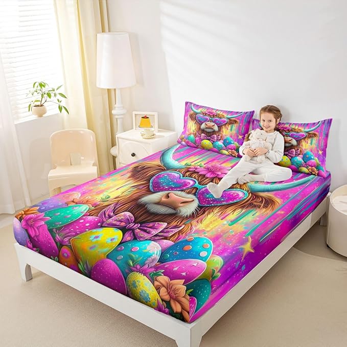 Highland Cattle Fitted Sheet Twin Size Funny Animal Happy Easter Bedding Set for Kids Bedroom Cartoon Funny Animal Bed Sheet Set 2pcs Purple Colorful Deep Pocket Mattress Cover,No Top Flat