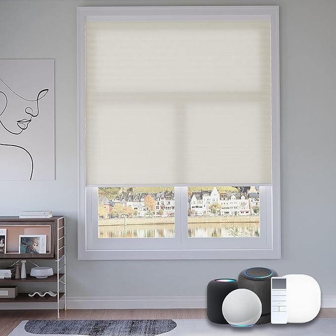 Motorized Cellular Shades with Remote, Light Filtering Smart Cellular Shades Compatible with Alexa, Honeycomb Window Blinds for Bedroom Home Office, Custom Size, Half Shading Soft Pearl