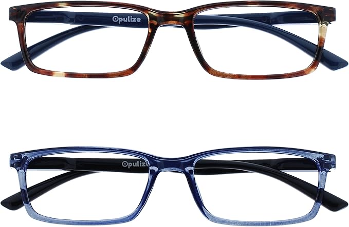 OPULIZE SEE Reading Glasses with Blue Light Blocking for Women and Men, Narrow Frame, Spring Hinges, Computer Gaming Glasses, Brown,Blue +3 (Pack of 2)