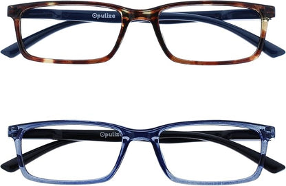 OPULIZE SEE Reading Glasses with Blue Light Blocking for Women and Men, Narrow Frame, Spring Hinges, Computer Gaming Glasses, Brown,Blue +3.5 (Pack of 2)