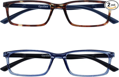 OPULIZE SEE Reading Glasses with Blue Light Blocking for Women and Men, Narrow Frame, Spring Hinges, Computer Gaming Glasses, Brown,Blue +2.5 (Pack of 2)