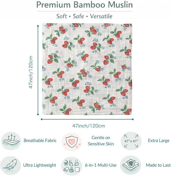 Bamboo Muslin Swaddle Blankets for Newborn – 70% Bamboo Cooling Lightweight Summer Baby Receiving Blankets, Oversized 47x47, 2 Pack – Strawberry Garden