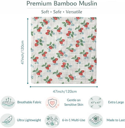Bamboo Muslin Swaddle Blankets for Newborn – 70% Bamboo Cooling Lightweight Summer Baby Receiving Blankets, Oversized 47x47, 2 Pack – Strawberry Garden