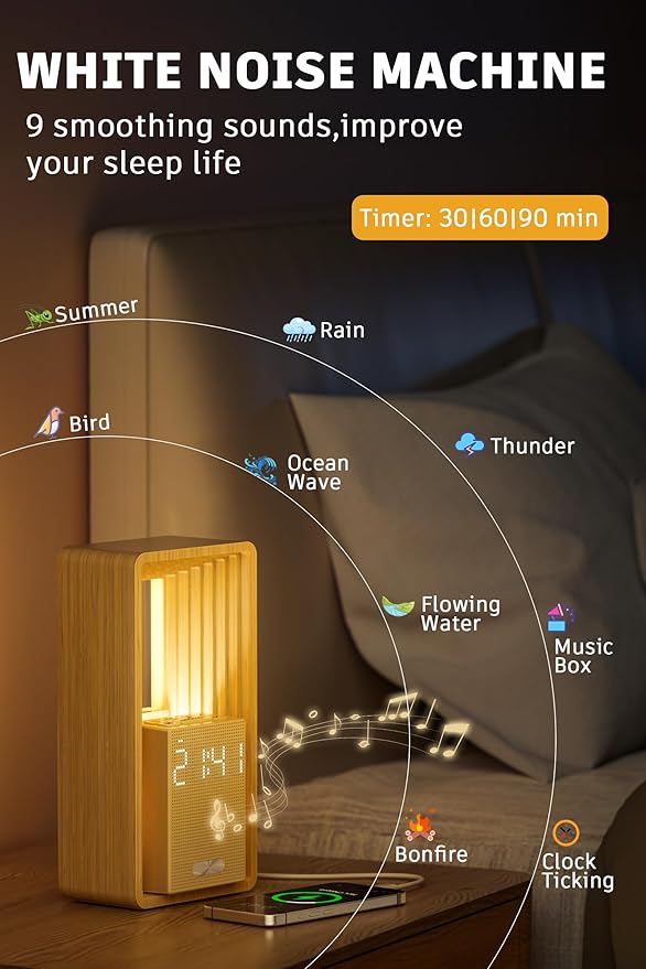 Sunrise Alarm Clock with Wake-Up Light: Dual Alarm White Noise Sound Machine with USB Charger, 9 Sleep Aids, Dimmable Display, Auto Timer, Ideal Night Light for Heavy Sleeper, Kid, Bedroom