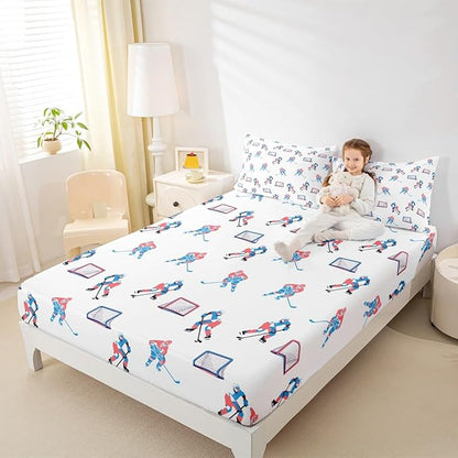 Manfei Hockey Players Bed Sheets Queen Size, Bedding Set, Winter Sports Games Boys Girls Room Decor,White Blue Sheet(Fitted+Flat+2 Pillowcases)
