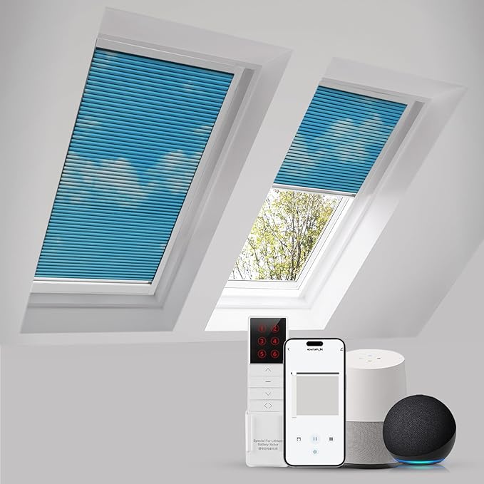 ZSTARR Motorized Skylight Shades Blackout Cellular Honeycomb Electric Blinds with Solar Panel Cordless Rechargeable with Remote for Roof and Slanted Windows Custom Size (Black Out Blue Sky)
