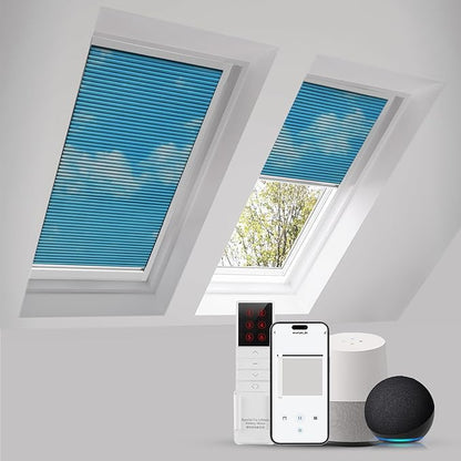 ZSTARR Motorized Skylight Shades Blackout Cellular Honeycomb Electric Blinds with Solar Panel Cordless Rechargeable with Remote for Roof and Slanted Windows Custom Size (Black Out Blue Sky)