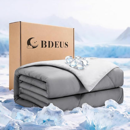 BDEUS Cooling Comforter Full/Queen Size with 2 Pillowcases Set, Soft Cooling Blanket for Hot Sleeper, Lightweight Summer Quilt, Cold Ice Feeling Double Side Bed Set, 90"X90"