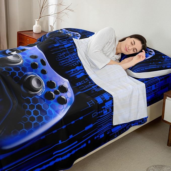 Manfei Gamer Gamepad Kids Sheet Queen Size,Video Gaming Gamepad Controller Bedding Set,Boys Girls Room Decor,Neon Lights Geometric Fashion Dark Blue Bed Sheet Set 4pcs(Fitted + Flat + 2 Pillowcases)