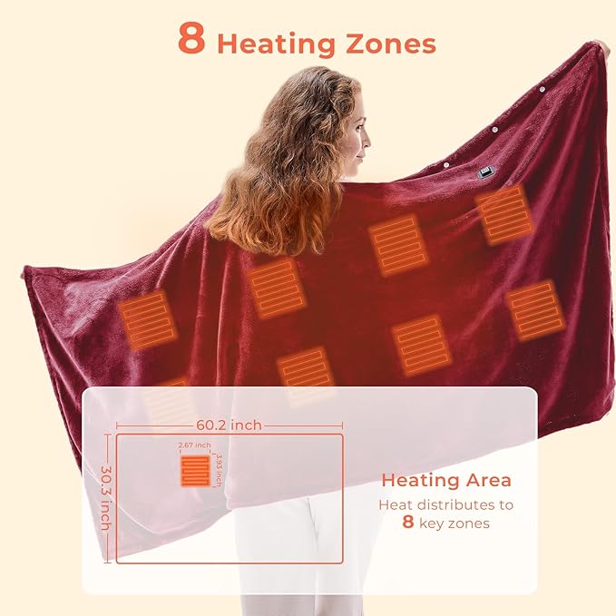 JOLLYVOGUE USB Heated Blanket Throw, Wearable & Portable Heating Electric Blanket for Adults, 3 Levels & 8 Heating Zone Shawl for Indoor & Outdoor, Red (Battery Not Included)