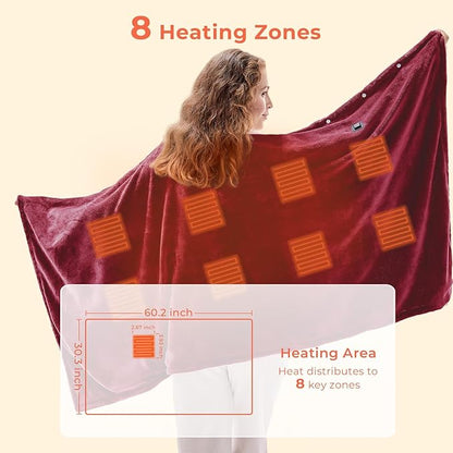 JOLLYVOGUE USB Heated Blanket Throw, Wearable & Portable Heating Electric Blanket for Adults, 3 Levels & 8 Heating Zone Shawl for Indoor & Outdoor, Red (Battery Not Included)
