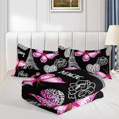 Pink Butterfly Comforter Full Bedding Sets for Girls, Eiffel Tower Leopard Heart Pattern Bedding Sets with 2 Pillowcases,Aesthetic Bedding for Women Girls Bedroom Paris Decor.