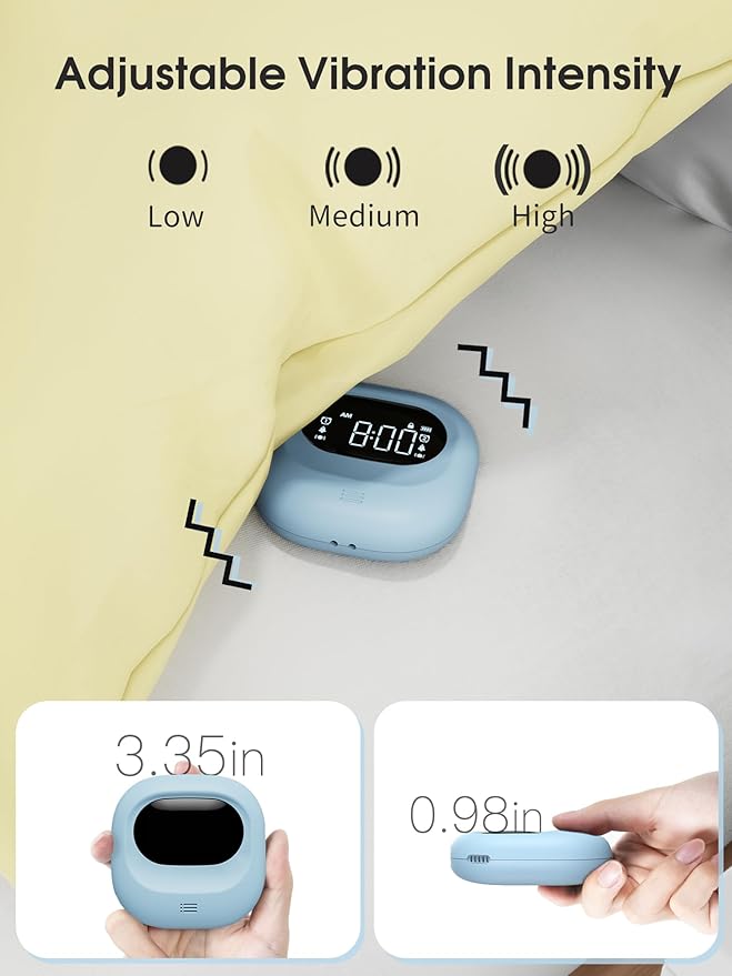 Roxicosly Super Strong Vibrating Alarm Clock for Heavy Sleepers, Small Travel Bed Shaker Clock Under Pillow for Kids Teens Hearing Impaired Deaf, Adjustable Vibration, Cordless, USB Rechargeable