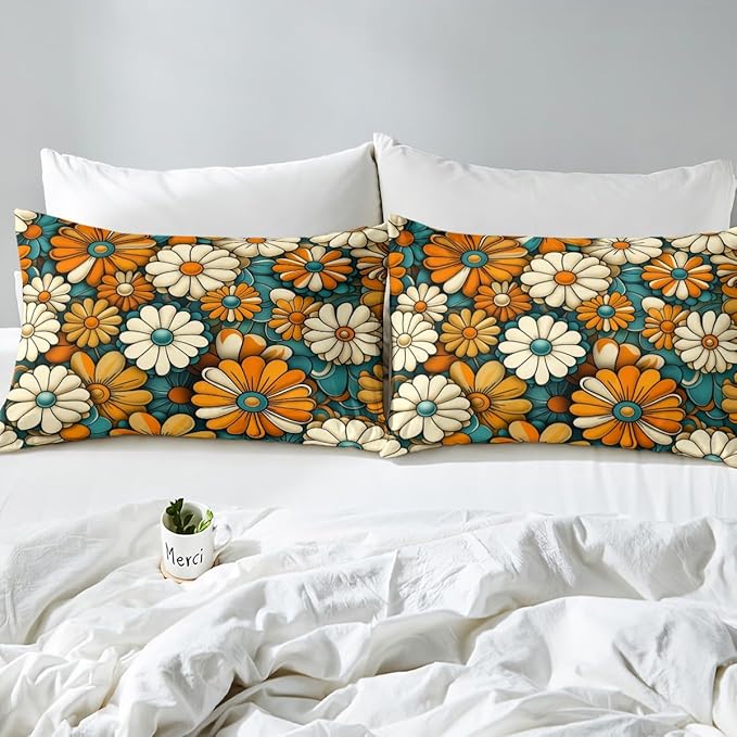 Vintage Flowers Groovy Fitted Sheet Twin Size,70s 80s Daisy Floral Hip-hop Retro Bedding Set,Boys Girls Room Decor,Boho Exotic Hippie Psychedelic Bed Cover,Artwork Bed Sheet,1 Pillowcase