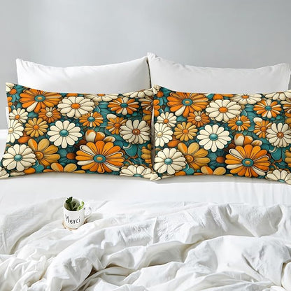 Vintage Flowers Groovy Fitted Sheet Twin Size,70s 80s Daisy Floral Hip-hop Retro Bedding Set,Boys Girls Room Decor,Boho Exotic Hippie Psychedelic Bed Cover,Artwork Bed Sheet,1 Pillowcase