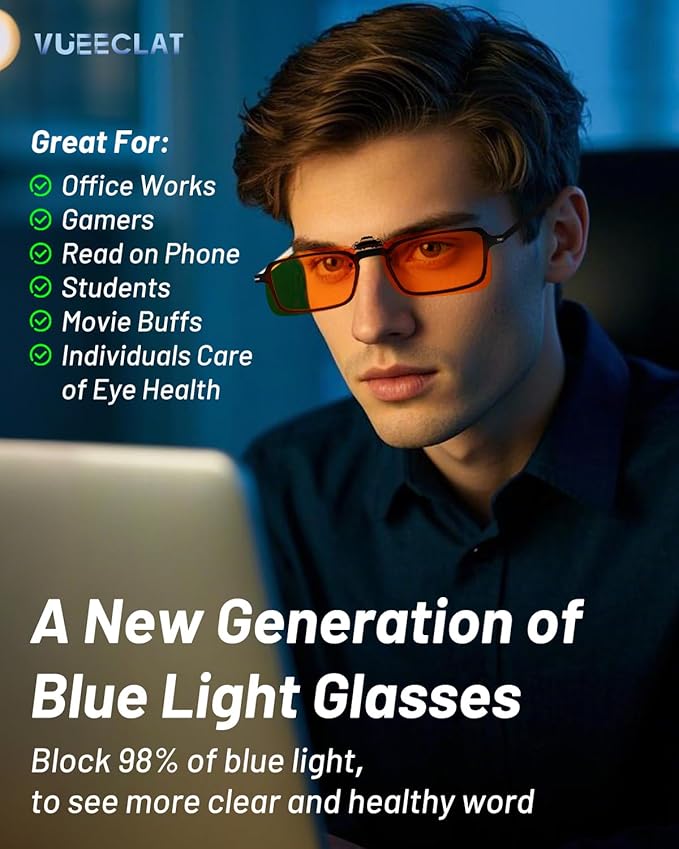 Blue Light Clip-On Glasses for Over-Eyeglasses | Anti-Fatigue Gaming & Computer Use | Lightweight & Universal Fit