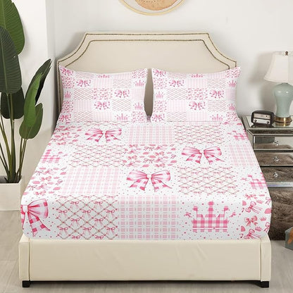 Princess Crown Bed Sheet Set Geometric Pink White Plaids Patchwork Fitted Sheet for Ultra Soft Kawaii Bowknot Fairy Tale Bow-tie Fantasy Bedding Cover Set Room Decor Queen (No Flat Sheet)