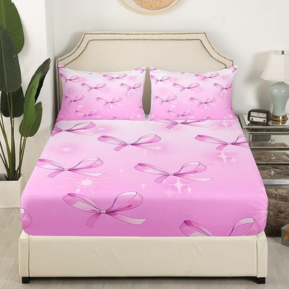 Cute Bowknots Fitted Sheet,Full Size Princess Bow-tie Kawaii Purple Starry Glitter Collections,Girlish Bow Fairy Tale Theme Bedding Deep Pocket for Children Teens Young with 2 Pillowcases