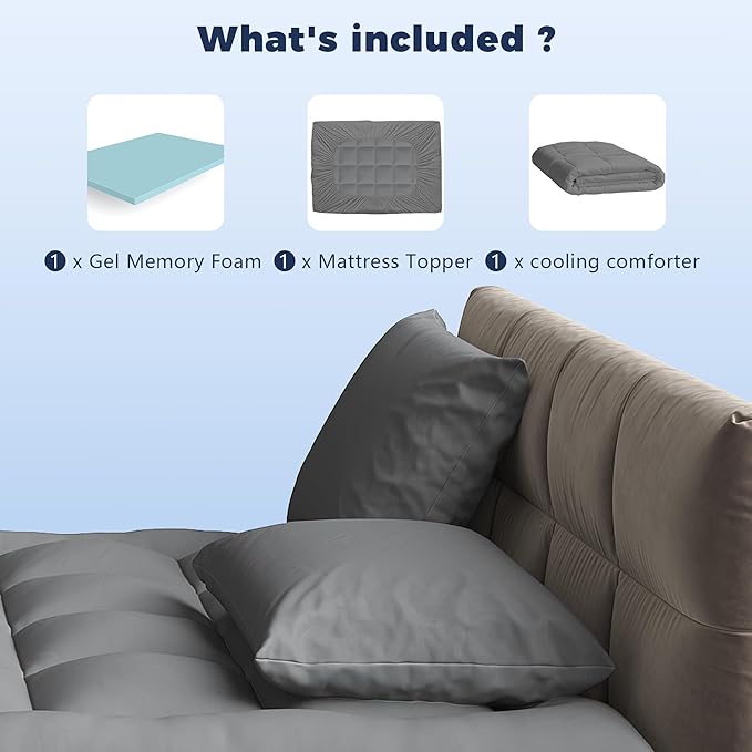 King Size 4 Inch Memory Foam Mattress Topper with Cooling Comforter,Dual Layer 2" Gel Memory Foam and 2" Mattress Pad for Back Pain Relief,Tencel Fabric,CertiPur-US Certified,Gray