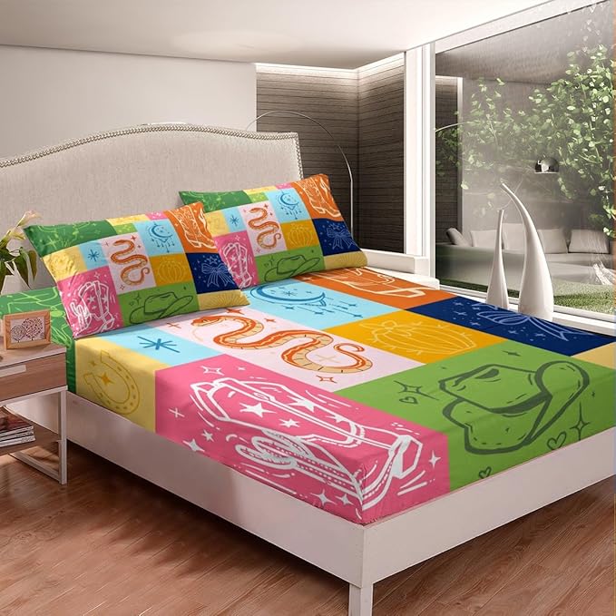 Manfei Cowboy Bed Sheet Set 3 Pieces,American Western Boho Tribal Boots Microfiber Bedding Set Without Flat,Gothic Snake Stars Bowknot Colorful Grids Patchwork Fitted Sheet,2 Pillow Cases,Full Size