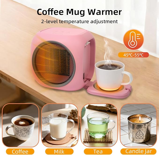Space Heater with Mug Warmer, Electric Space Heaters for Indoor Use with Thermostatc, Candle Warmer Pate for Bedroom, Office, Large Room Use