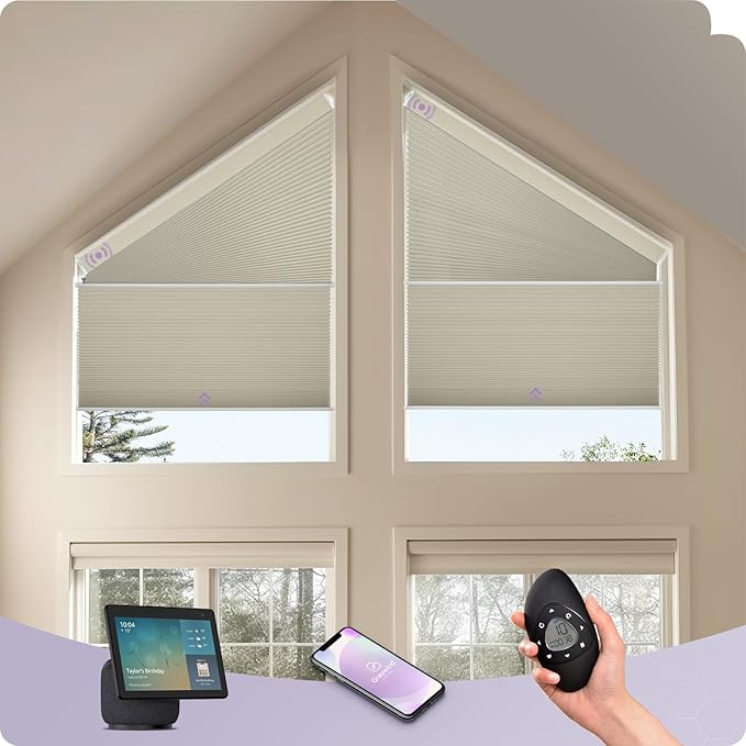 Graywind Smart Angled Blinds Compatible with Alexa Google Motorized Right Trapezoid Shades Solar Powered Customized for Odd-Shaped Window (Blackout Beige)
