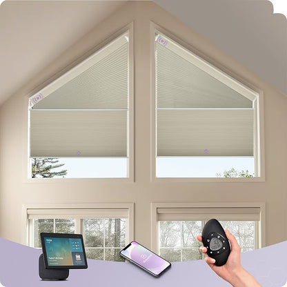 Graywind Smart Angled Blinds Compatible with Alexa Google Motorized Right Trapezoid Shades Solar Powered Customized for Odd-Shaped Window (Blackout Beige)