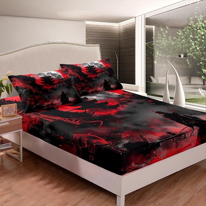 Western Dragon Kids Sheet Set Full Size,Japanese Samurai Japan Ukiyo-e Style Scenery Bedding Set 4pcs,Boys Girls Room Decor,Ancient Animal Red Black Bed Sheet Set 4pcs(Fitted + Flat + 2 Pillowcases)