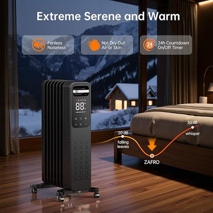 ZAFRO Oil Filled Radiator Heater, 1500W Energy Saving Space Heater with Curved Fin Design, Smart Touch Screen, ECO Mode & 24H On/Off Timer, Tip-Over & Overheat Protection for Bedroom Office Use, Black