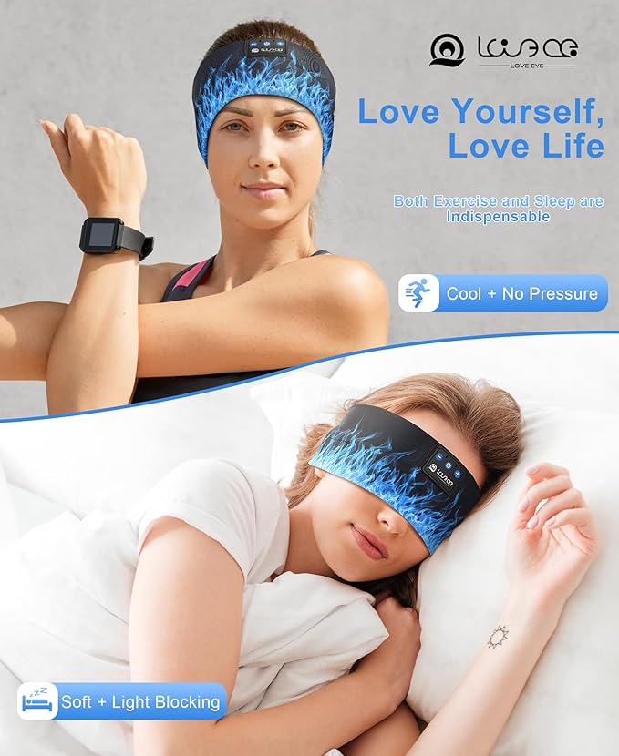 LOVE EYE Sleep Headphones Wireless Headband Headphones Bluetooth 5.4 for Side Sleeper Bluetooth Headband Earphones for Sports for tech Gadgets Gifts (Flame Blue)