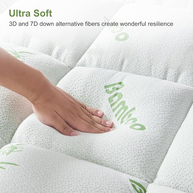 Twin XL Size Mattress Topper Viscose Derived from Bamboo, Soft Thick Pillow Top Mattress Pad Cover for Back Pain, Cooling Mattress Protector with 8-21 Inch Deep Pocket, White