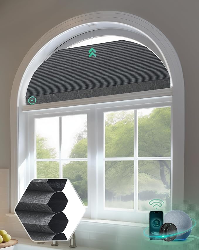 Yoolax Smart Cellular Shades, Motorized Arch Window Honeycomb Blinds Motorized Blinds with Remote Compatible with Alexa, Customized Arched Cellular Shades (Blackout Texture Dark Grey)