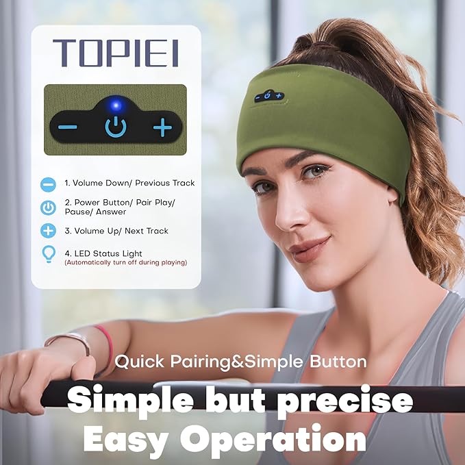 Sleep Headphones Bluetooth Headband for Side Sleeper, 17 Hour Playtime, Wireless Headband Headphones with HD Stereo Speakers for Workout,Running,Yoga, Ideal Gifts for Men, Women, Teens, Olive