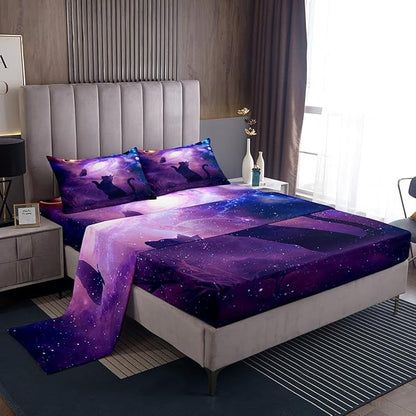 Cat Butterfly Sheet Set Twin Starry Sky Galaxy Universe Bedding for Kids Teens Room Decor,Animal Purple Background Soft Bed Sheet Set 3pcs with Deep Pocket Fitted Sheet + Flat Sheet + 1 Pillowcase