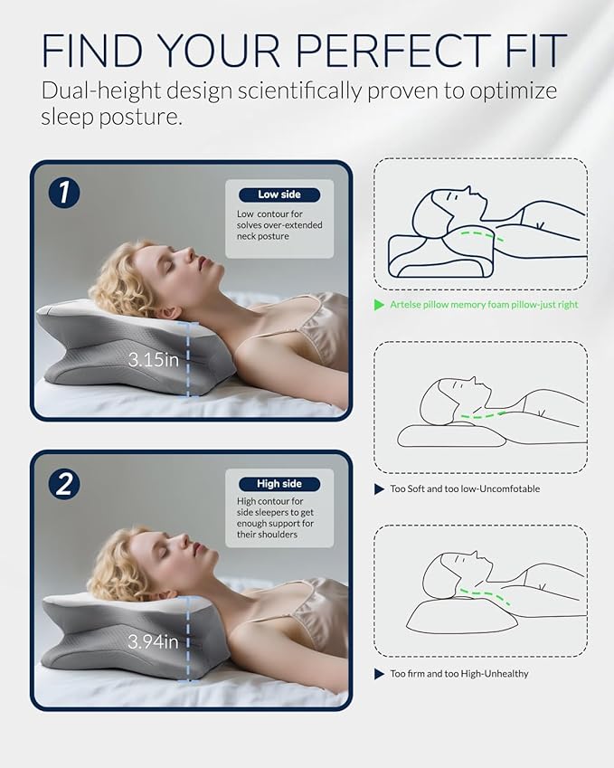 Cervical Neck Pillow for Side & Back Sleepers, Ergonomic Memory Foam Pillow for Sleep Apnea, Neck Pain Relief, Neck Support Pillow with Washable Pillowcase