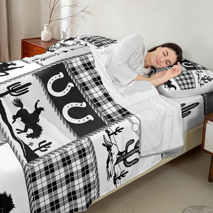 Western Cowboy Kids Sheet Twin Size,Cactus Geometric Plaids Patch Bedding Set,Boys Girls Adults Room Decor,Horseshoe Rustic Farmhouse Black Retro Bed Sheet Set 3pcs(Fitted + Flat + 1 Pillowcase)