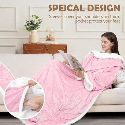 Wearable Heated Blanket with Foot Pocket, 52"x72" Electric Blanket with Sleeves for 12 Hours Timer6 Heat Settings, Flannel & Sherpa, Pink