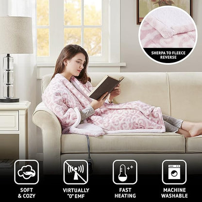 Beautyrest Wearable Electric Poncho Wrap Blanket, Ultra Soft Sherpa & Berber Fleece Heated Throw, UL Certified & Oeko-TEX, 3 Heat Settings & 2 Hour Auto Shutoff, Gift-Ready, 50" x 64", Blush Lattice