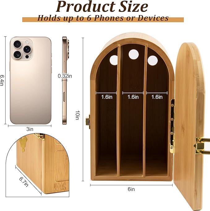 Bamboo Phone Jail with Lock, Phone Box for Family Time Cell Phone Lock Box with 3 Charging Holes, Self-Discipline Box Help People Focus Back
